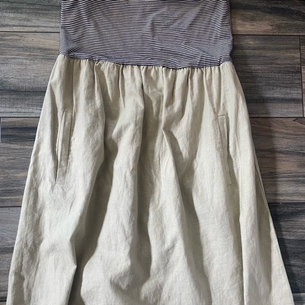 ALYTHEA Beige Cream and Navy blue strapless linen dress with pockets